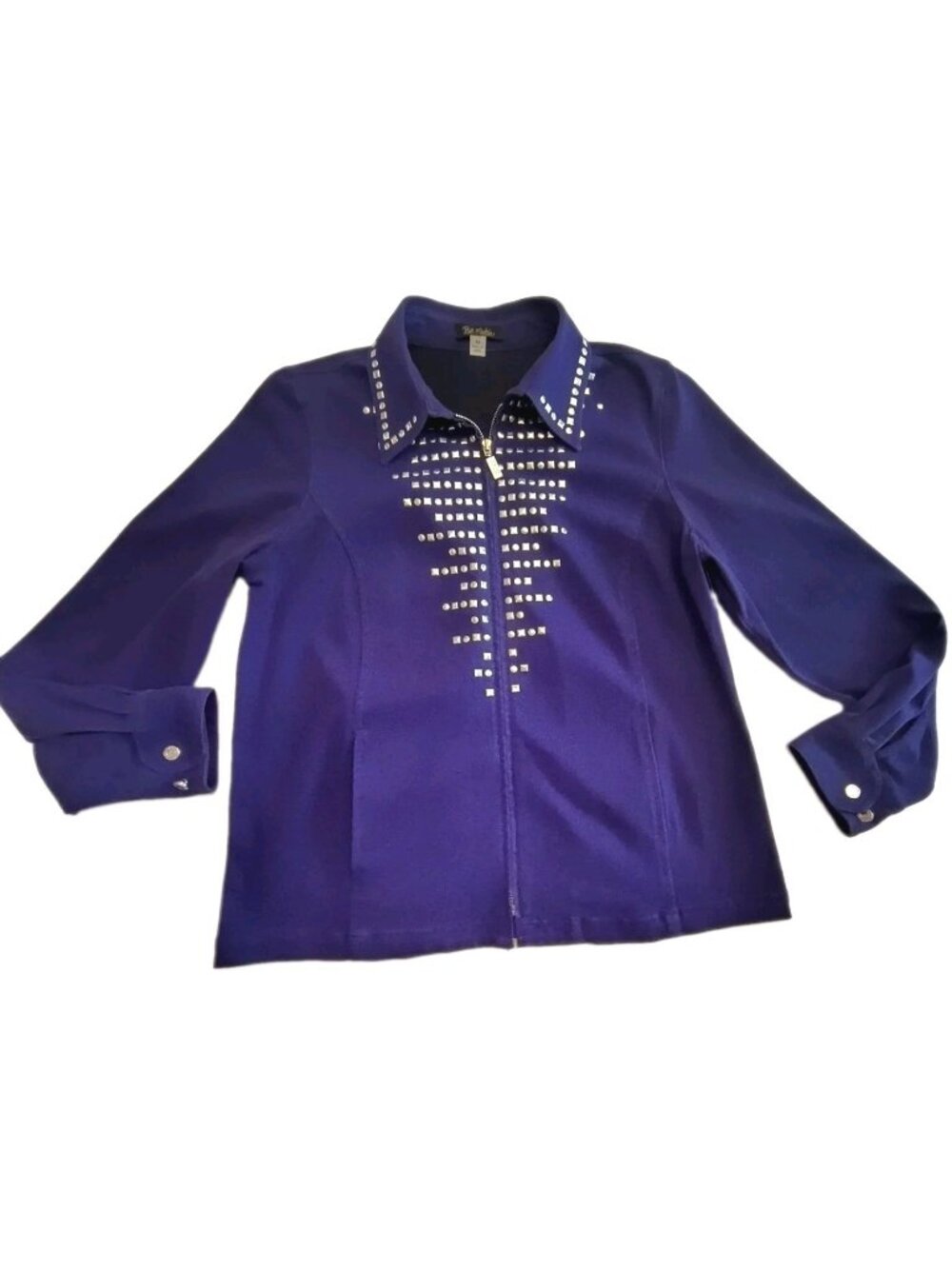 Bob Mackie Purple Silver Studs Metal Zip Front Stretch Jacket Pockets Size M